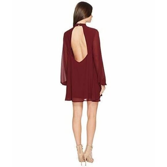 Show Me Your Mumu Josephine Burgundy Chiffon Choker Sheer Balloon Sleeve Dress - Picture 7 of 9